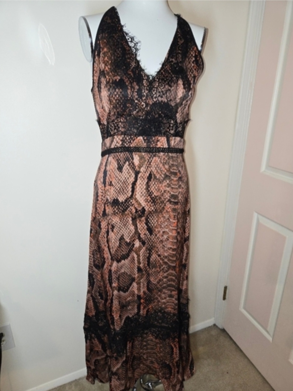 Karen Millen Brown and Black Snake Print Lace Maxi Dress